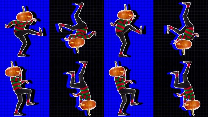 万圣节快乐。停止动作设计，艺术动画。南瓜头跳舞的人。彩色背景的时尚舞蹈。有趣，现代，概念，当代明亮的