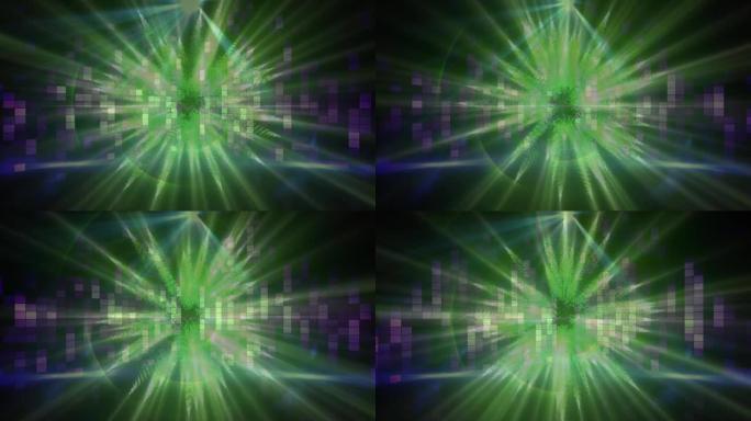 黑色背景上绿色光波旋转紫色马赛克方块的数字动画