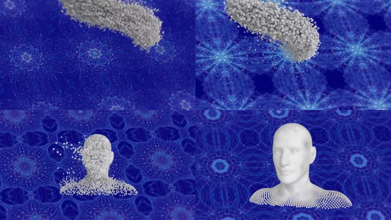 蓝色万花筒图案背景上爆炸粒子形成的人体动画