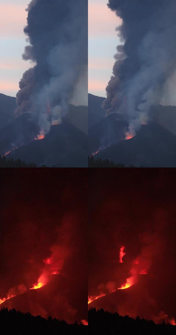 坎布尔·维耶哈火山爆发。火山锥和火山弹进入黎明。