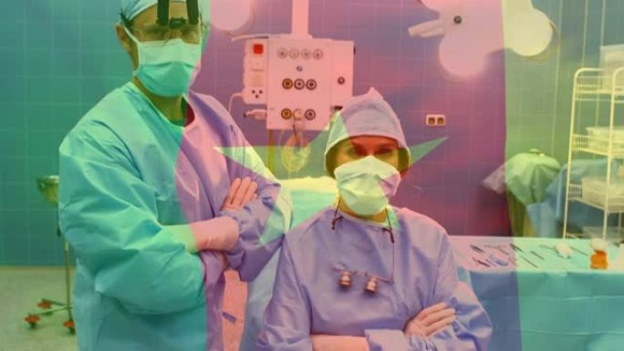 在手术室里，喀麦隆的旗帜在外科医生面前挥舞