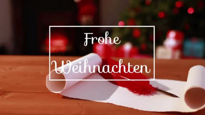 红色鹅毛笔和卷轴上的frohe weihnachten问候文本的动画，圣诞树