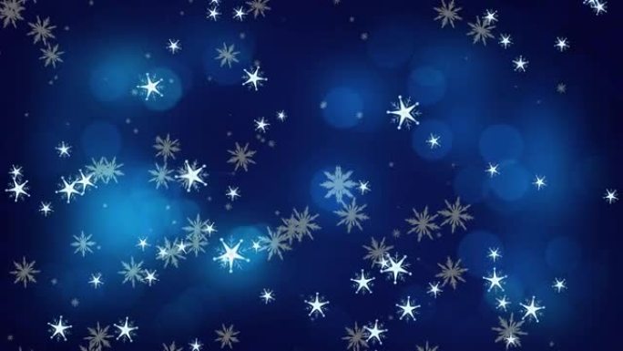 圣诞节时，蓝色背景上的雪落在光点上的动画