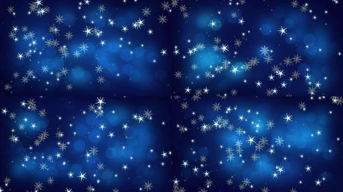 圣诞节时，蓝色背景上的雪落在光点上的动画