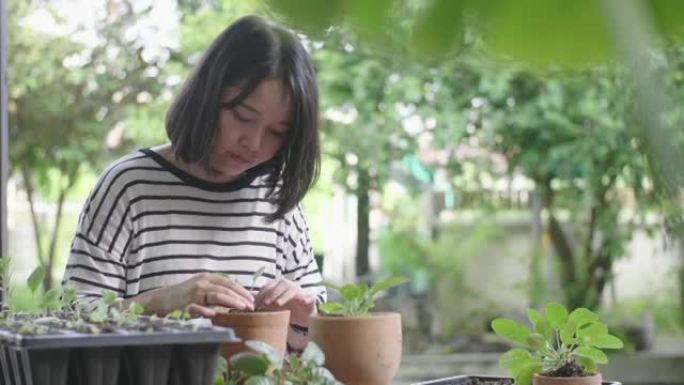 寒冷的周末。花园盆栽外国人美女