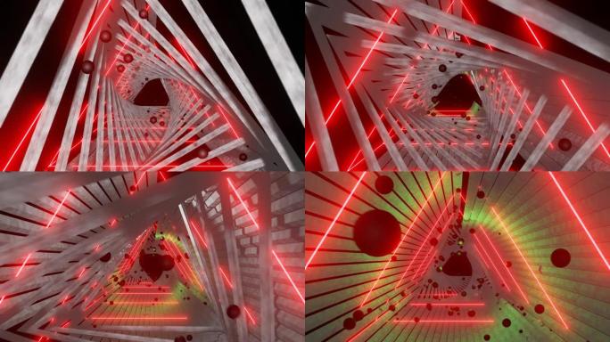 带球无缝循环运动图形的抽象科幻三角线框隧道的4k视频动画。