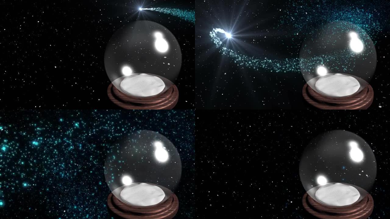 黑色背景上的雪和第一颗星星掉落在雪球上的动画