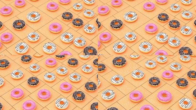 粉色釉面撒上甜甜甜圈、巧克力和白糖霜甜甜圈、美味不健康甜点动画背景、3d渲染抽象艺术、甜甜圈国庆节、
