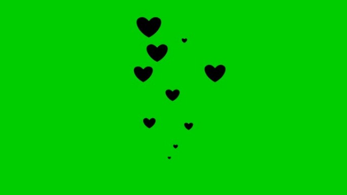 动画黑心从下往上飞。爱的概念，激情。绿色背景上孤立的心脏喷泉。