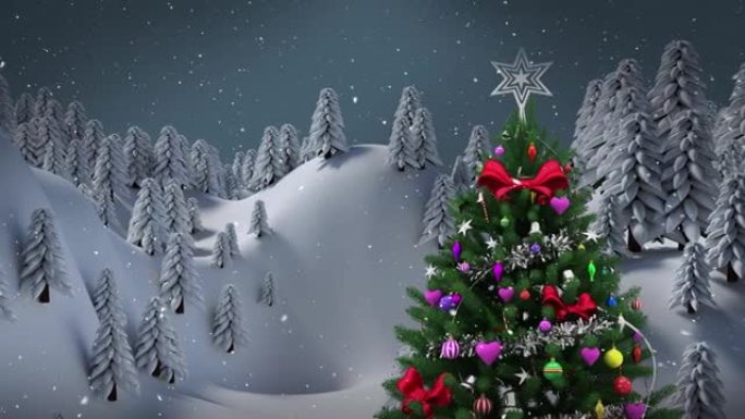 雪落在灰色背景下的冬季景观上的圣诞树上