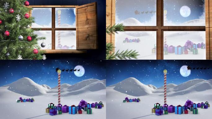 通过窗户看到圣诞树和圣诞老人雪橇的冬季圣诞节场景动画