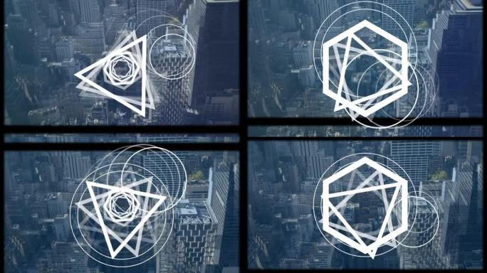 城市景观上的三角形和圆形动画