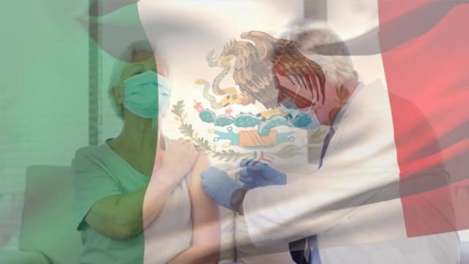 墨西哥国旗的动画挥舞着戴着口罩的医生并为高级妇女接种疫苗