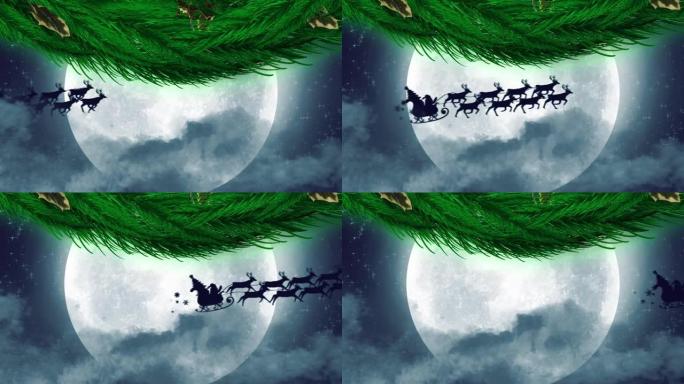 圣诞花环装饰在雪橇上的圣诞老人被驯鹿拉向夜空