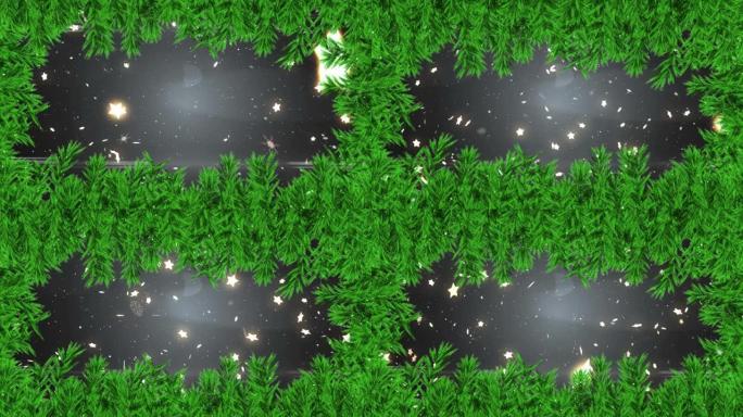 黑色背景上的星星和雪落在杉木树枝上的动画