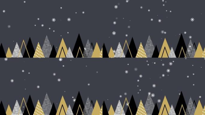 灰色背景上的降雪和圣诞树的动画