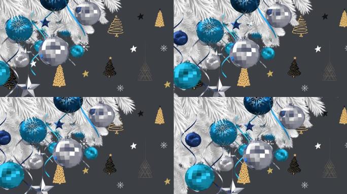 灰色背景上的圣诞节小玩意装饰上的积雪动画