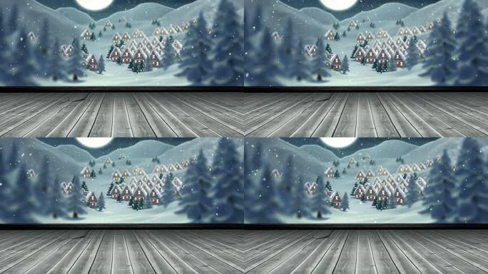 冬季景观和木板表面积雪的动画