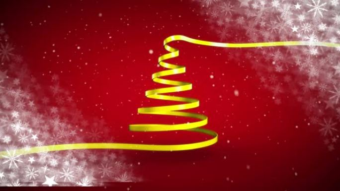 红色背景上形成圣诞树的圣诞黄丝带动画