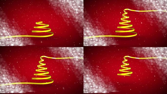 红色背景上形成圣诞树的圣诞黄丝带动画