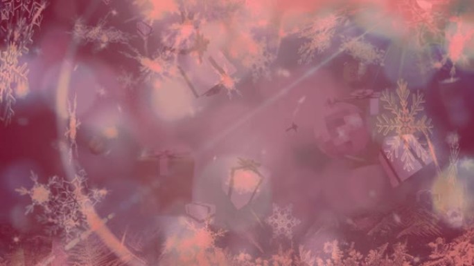 带有红色滤镜的圣诞礼物，球和雪落在bokeh背景上的动画