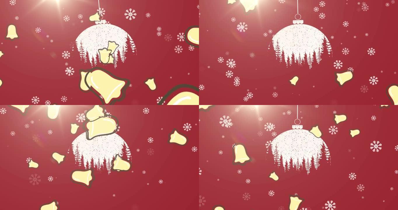 雪花和多个圣诞铃铛图标圣诞摆设挂在红色背景上