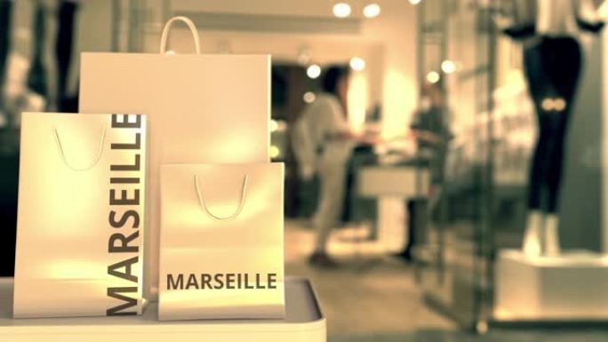 带有马赛文字的纸袋。法国购物相关3D动画