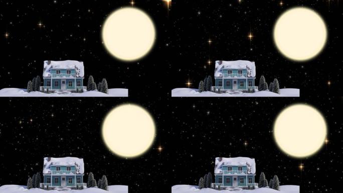 带有房子，星星和月亮的冬季圣诞节风景动画