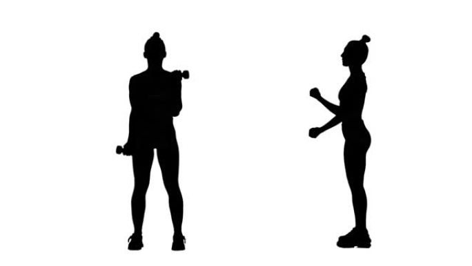 年轻女子的黑色剪影用哑铃锻炼。手部锻炼，女性健身。白色背景上的2合1拼贴正面和侧面视图全长。慢动作准