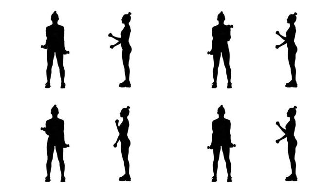年轻女子的黑色剪影用哑铃锻炼。手部锻炼，女性健身。白色背景上的2合1拼贴正面和侧面视图全长。慢动作准