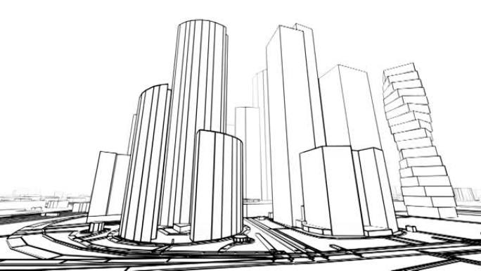 3d城市虚拟之旅。在建筑物之间飞行