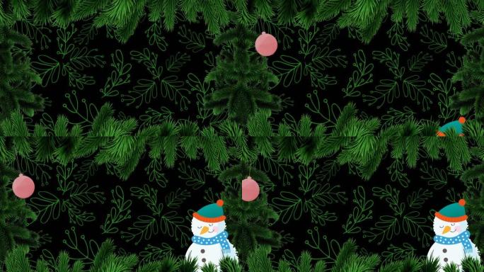 枞树和叶子上的圣诞节装饰品的动画