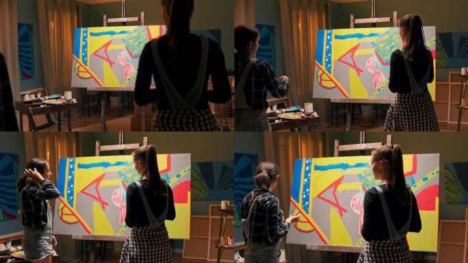 专业画家在艺术工作室举办画展，探讨以不同颜色为中心创作的艺术作品，讨论信息，技术，表达自己的观点