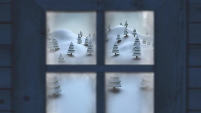 透过窗户看到的雪花和圣诞节冬季风景的动画