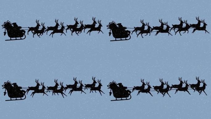与驯鹿一起降落在雪橇上的圣诞老人的动画