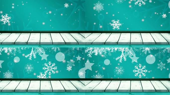蓝色和背景木地板上飘落的雪花和星星的动画