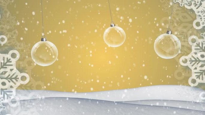 冬季风景中雪花落在圣诞树上的动画