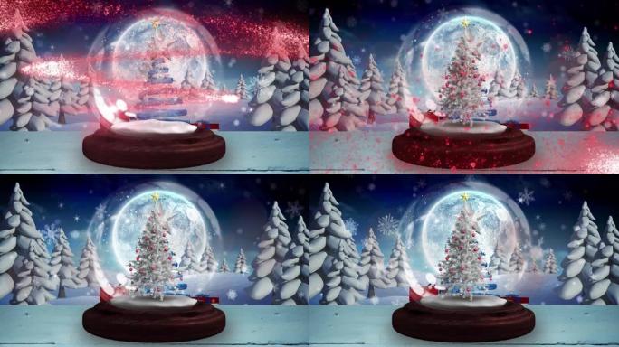 雪花和流星围绕着圣诞树旋转在一个雪花球在冬季景观