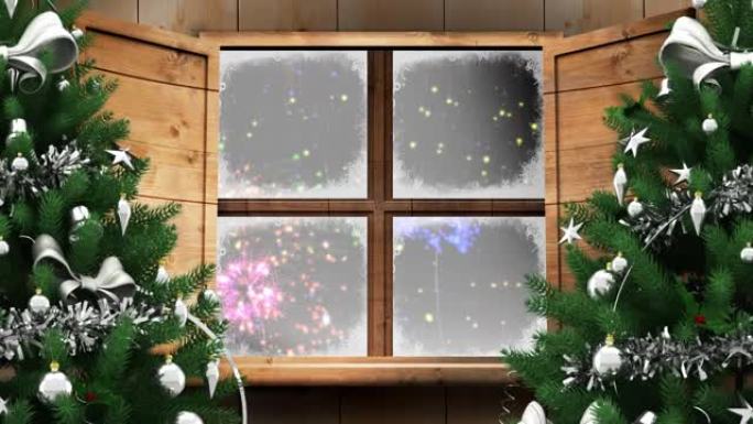 两棵圣诞树和木制窗框，防止烟花在黑色背景上爆炸