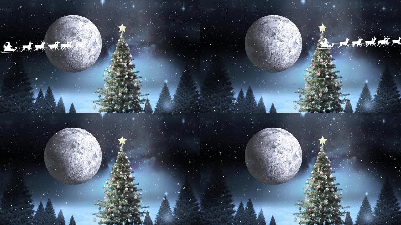 雪橇上的圣诞老人被驯鹿拉到夜空中的圣诞树和月亮上