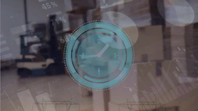 仓库货架上的时钟和统计处理动画