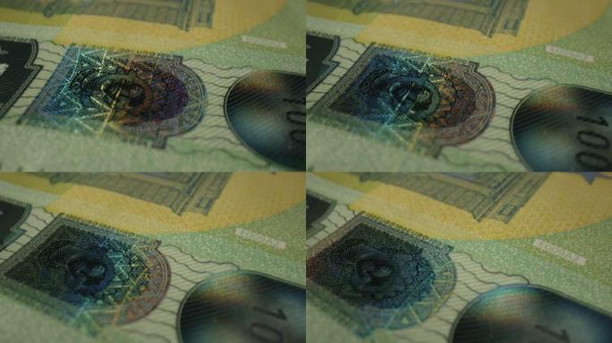 具有多种防伪保护作用的绿色纸质票据。世界储备货币。账单上的虹彩全息图。