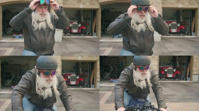 准备骑摩托车的高级男子