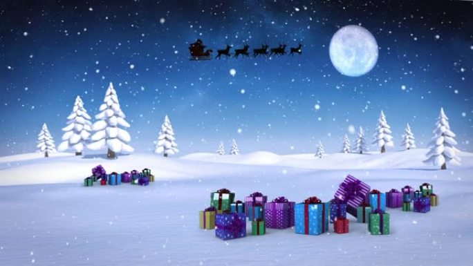 圣诞老人在圣诞礼物，降雪和月亮上的驯鹿雪橇动画
