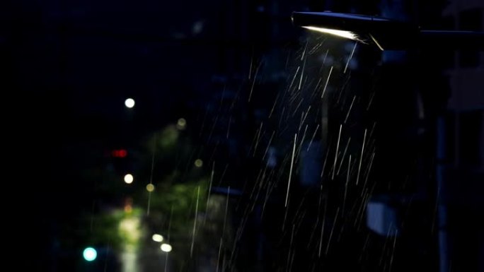 夜间雨中路灯特写