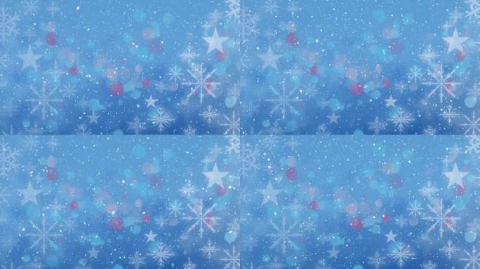 蓝色背景上雪花和红色斑点上飘落的雪的动画