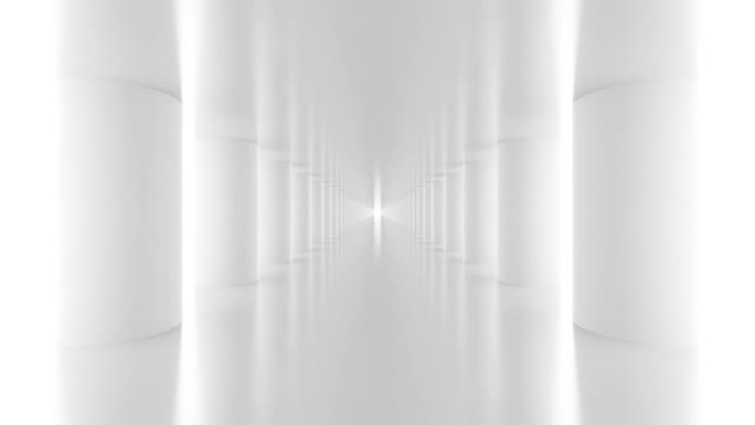 未来的空白色走廊，有圆柱和明亮的光线