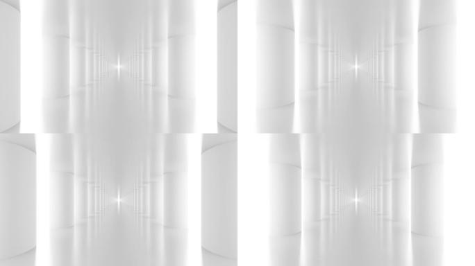 未来的空白色走廊，有圆柱和明亮的光线