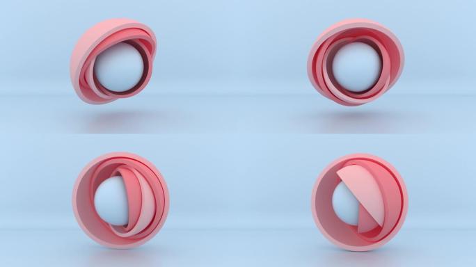 最小的3d运动设计，隐藏在柔和的粉红色半球内的球，开口层。抽象的几何对象。现场图像，现代动画海报