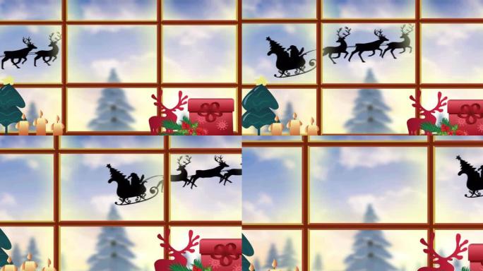 圣诞老人在雪橇上的动画，通过窗户和圣诞节装饰看到驯鹿